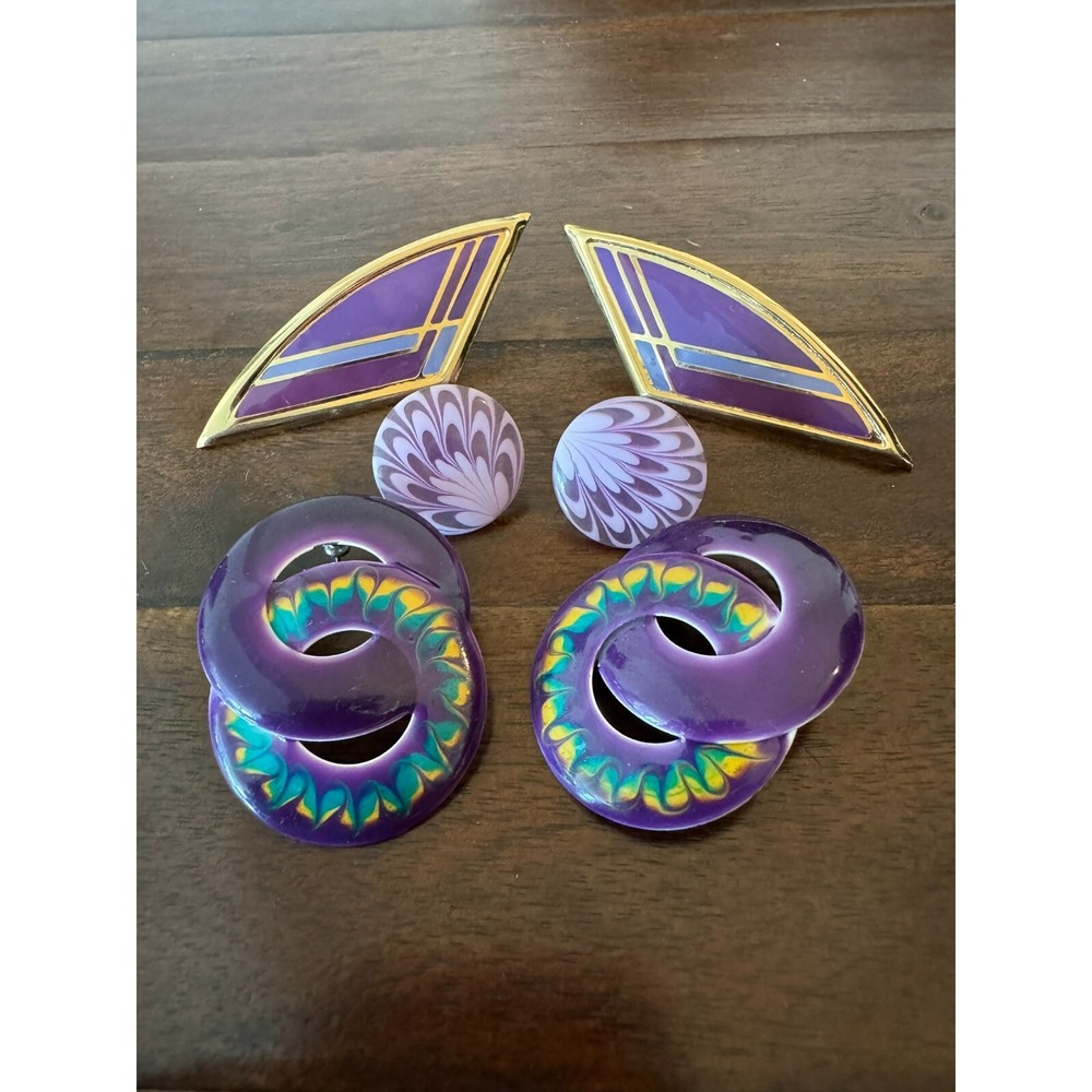 3 Pair Vintage Purple Earrings Metal and‎ Plastic Women Pierced Ears